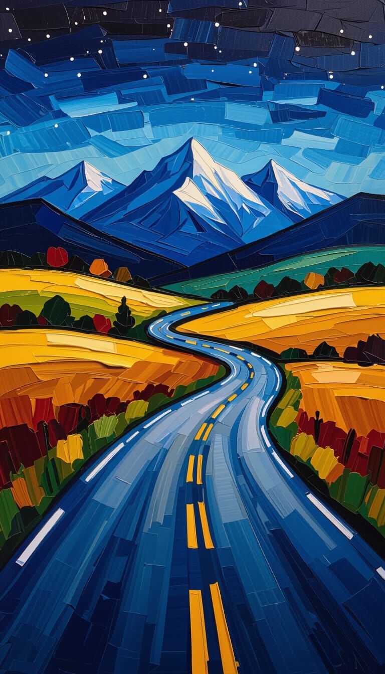 Impasto Pop Art Night Scene: Winding Road to Mountains