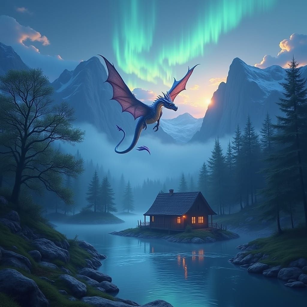 Surreal Sunset Cabin Scene with Majestic Flying Dragon - Hyp...