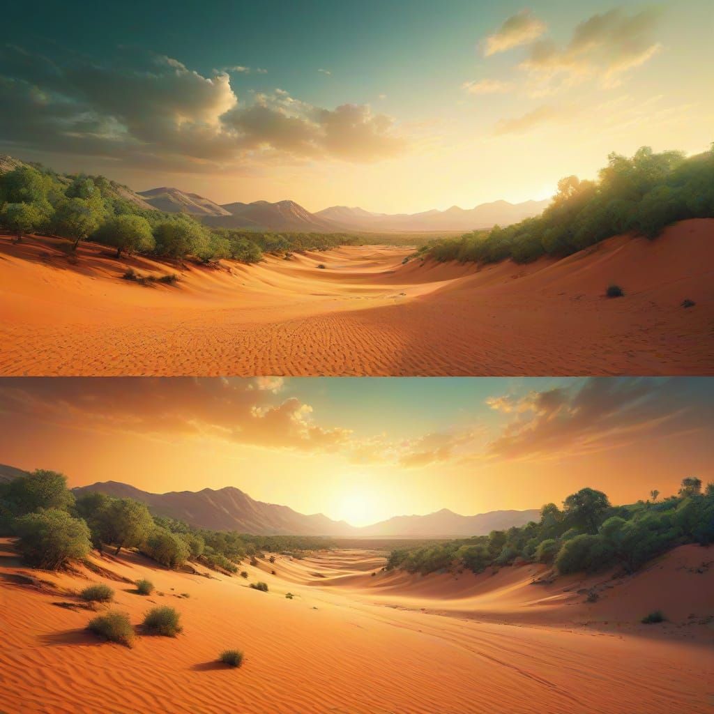 Surreal Desert and Forest in Split Screen Oil Painting