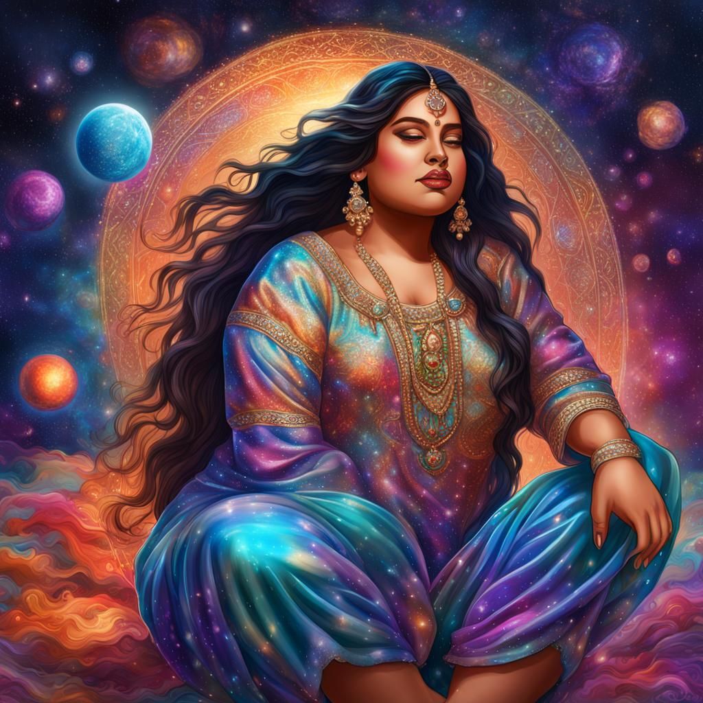 Fantasy Indian Goddess in Holographic Cosmic Illustration