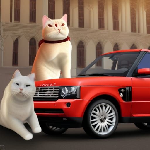 Blonde Woman and Cat in Red Range Rover