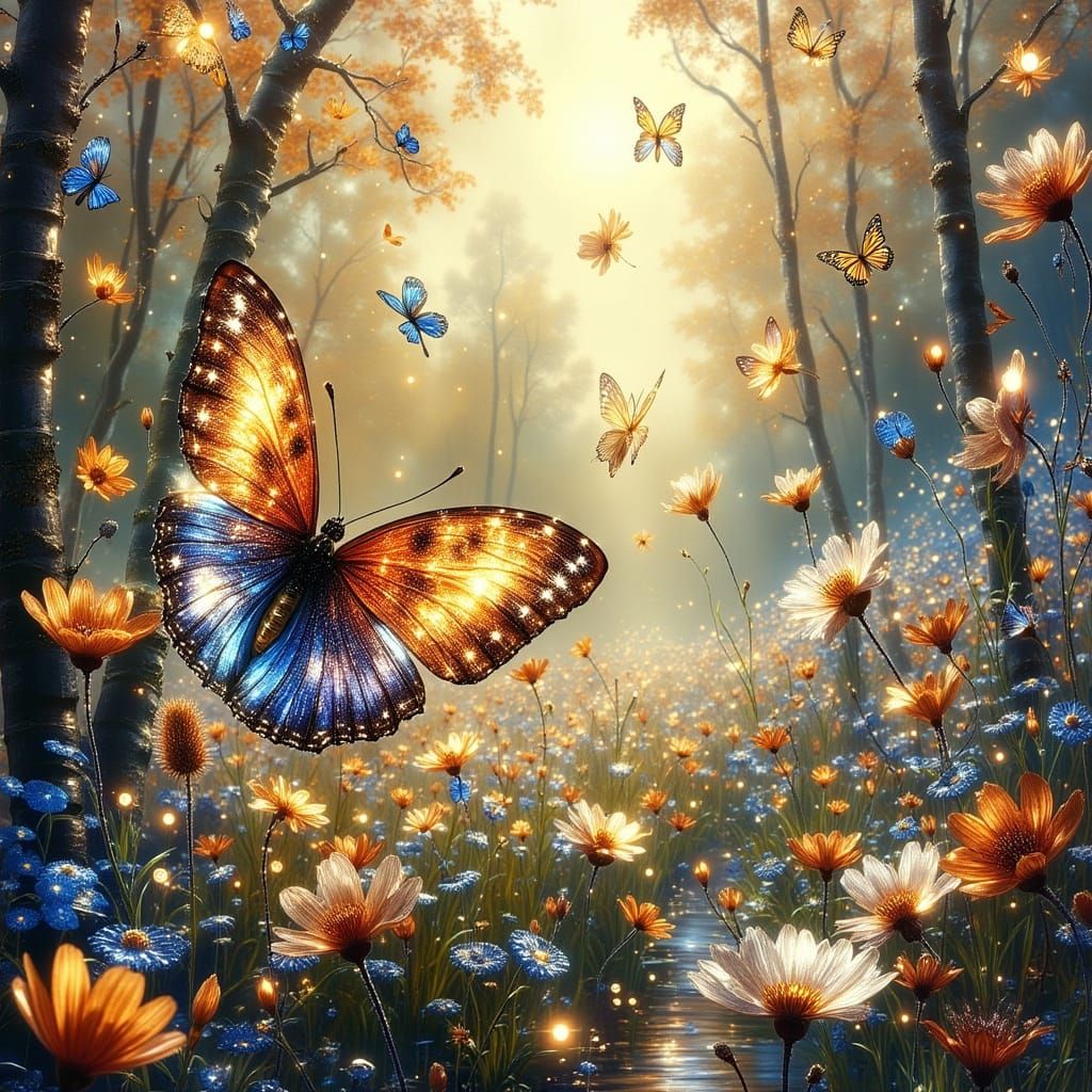 Iridescent Butterflies in Lush Floral Meadow