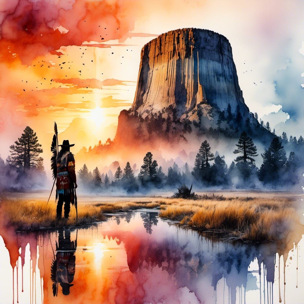 Sioux at Devil's Tower Sunrise: Watercolor Art
