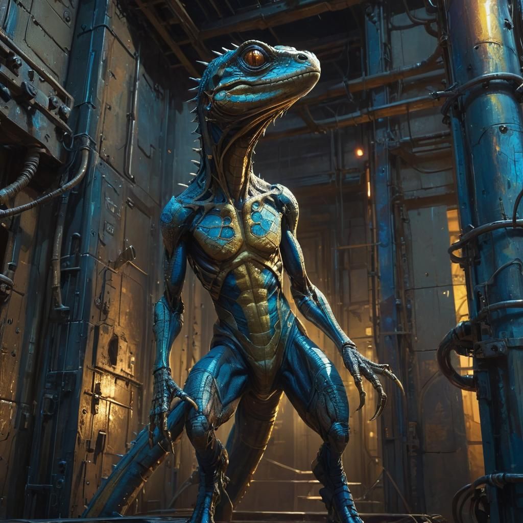 Alien in High-Tech Prison: Fantastical Oil Painting