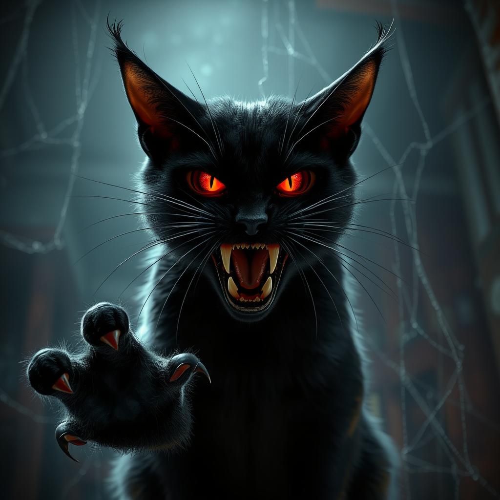 Scary Black Cat with Glowing Eyes in Dark Attic