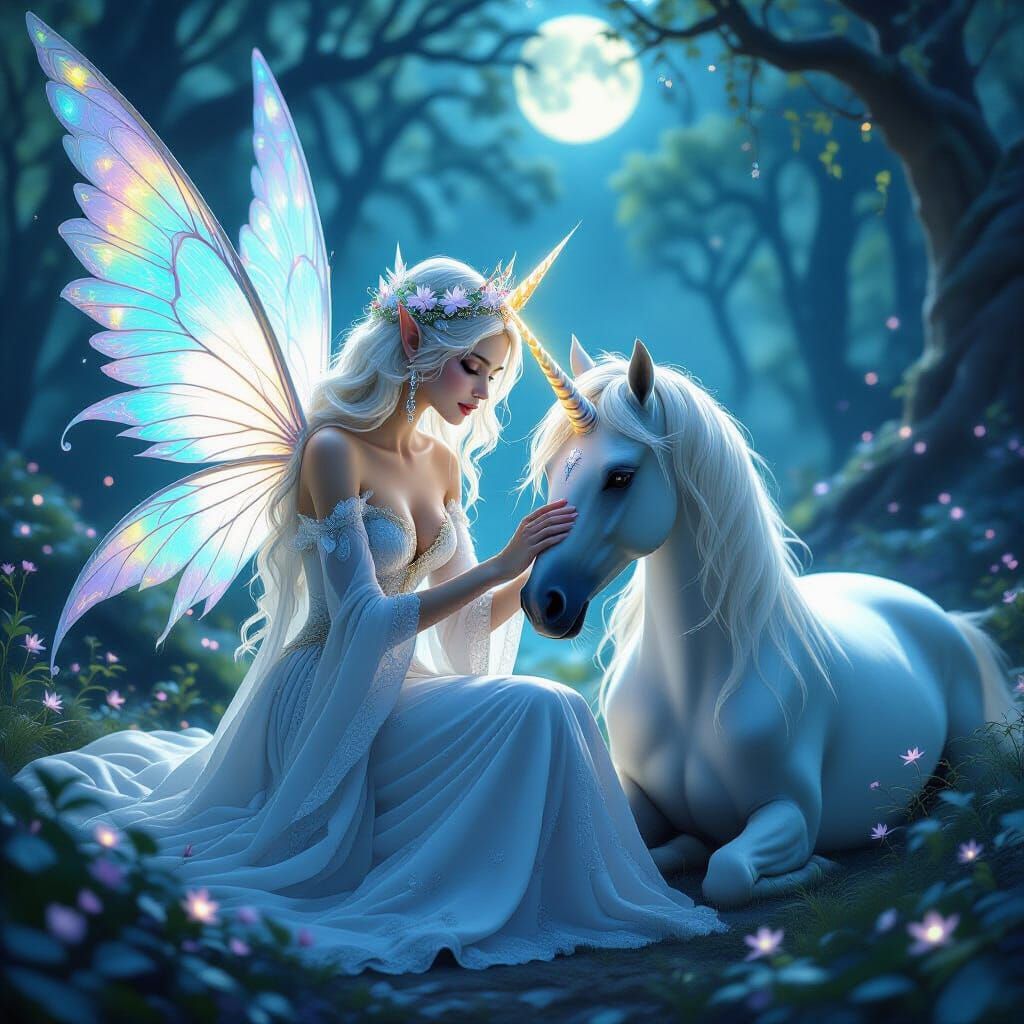 Fae Queen Heals Unicorn in Moonlit Forest