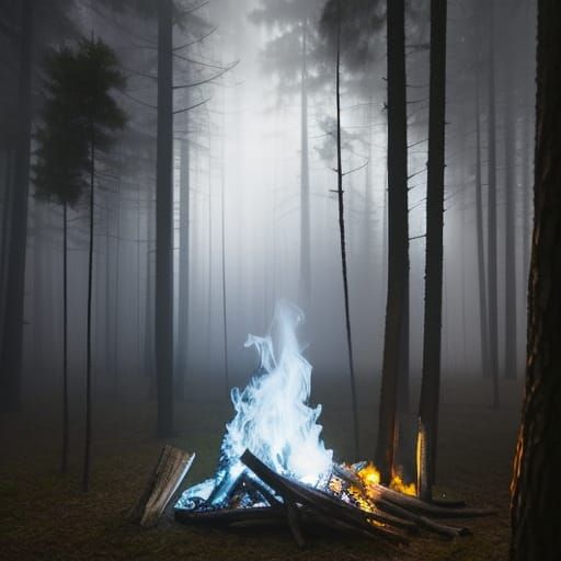 Eerie Blue Campfire in the Creepy Woods