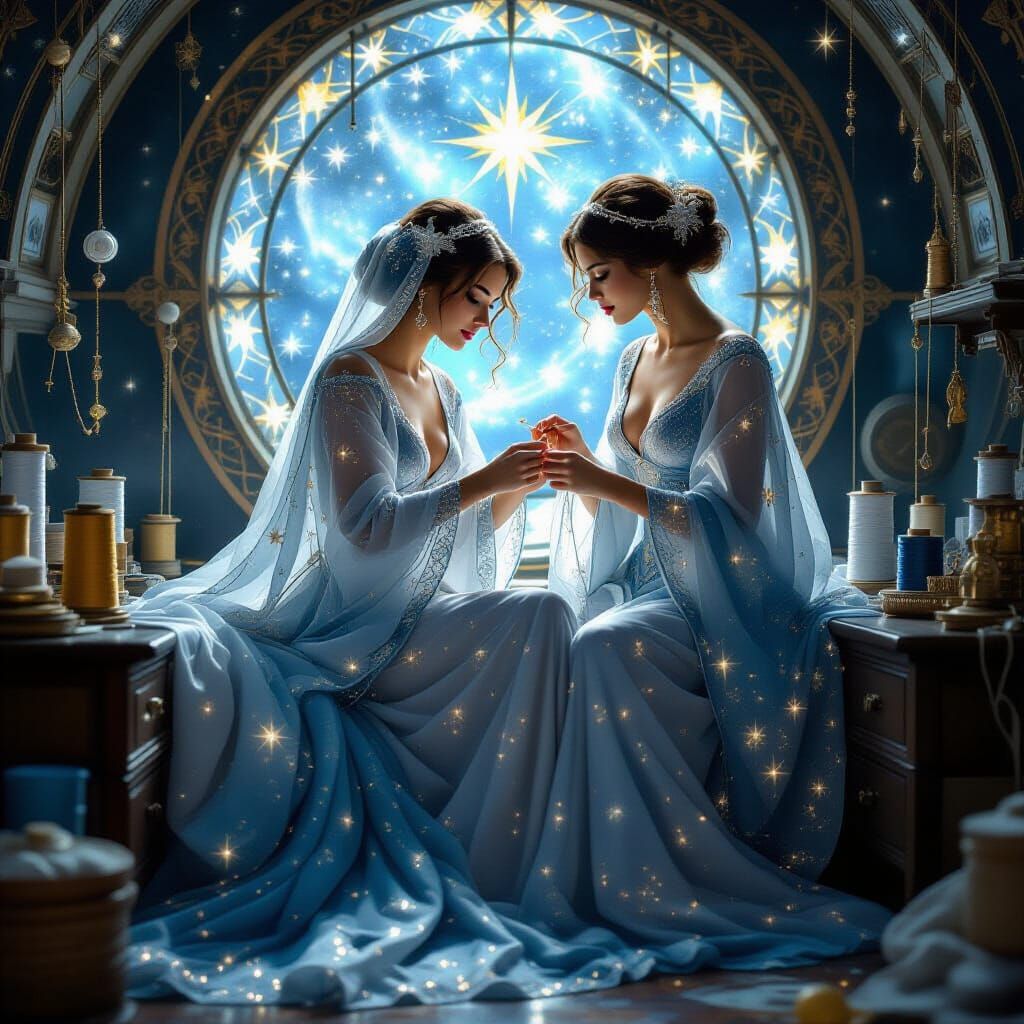Celestial Seamstress Stitching Cosmic Fabric in Atelier