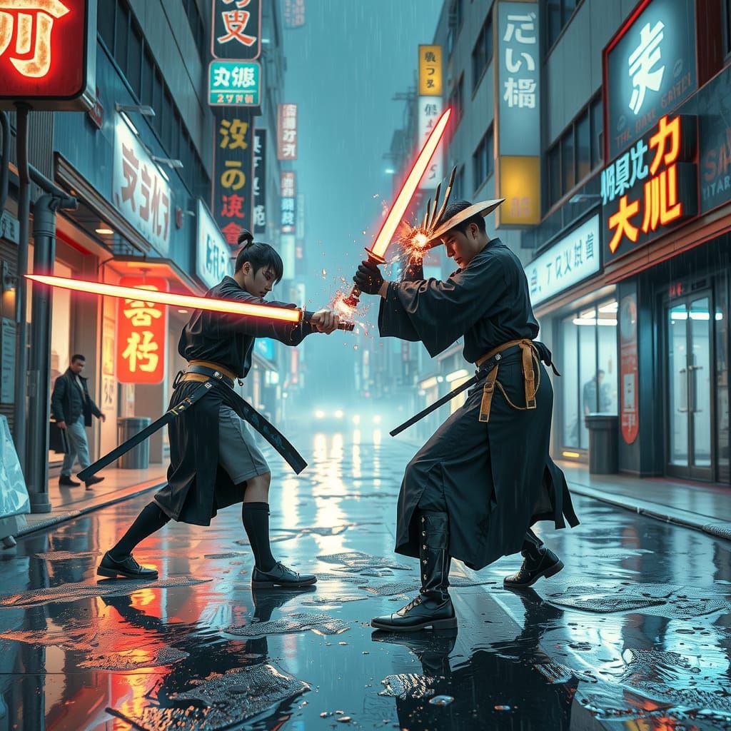 Cyberpunk Samurai Duel in Rainy Tokyo Alley