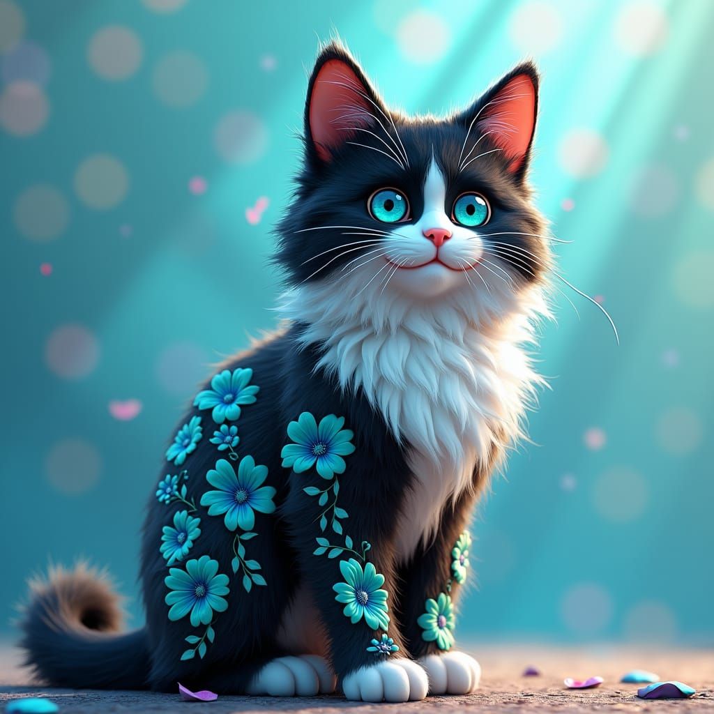 Majestic Tuxedo Cat Ablaze with Turquoise Flowers