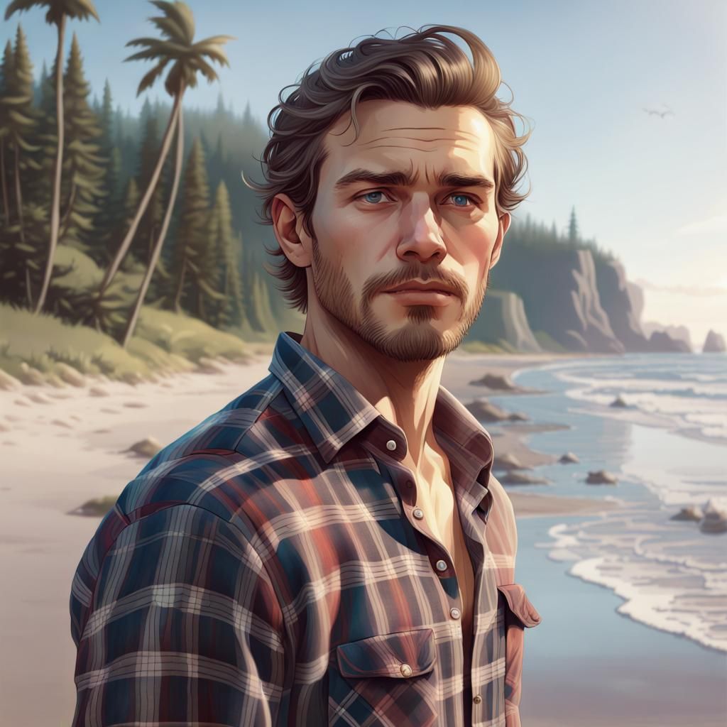 Bearded Man in Flannel: Hyperdetailed Beach Portrait