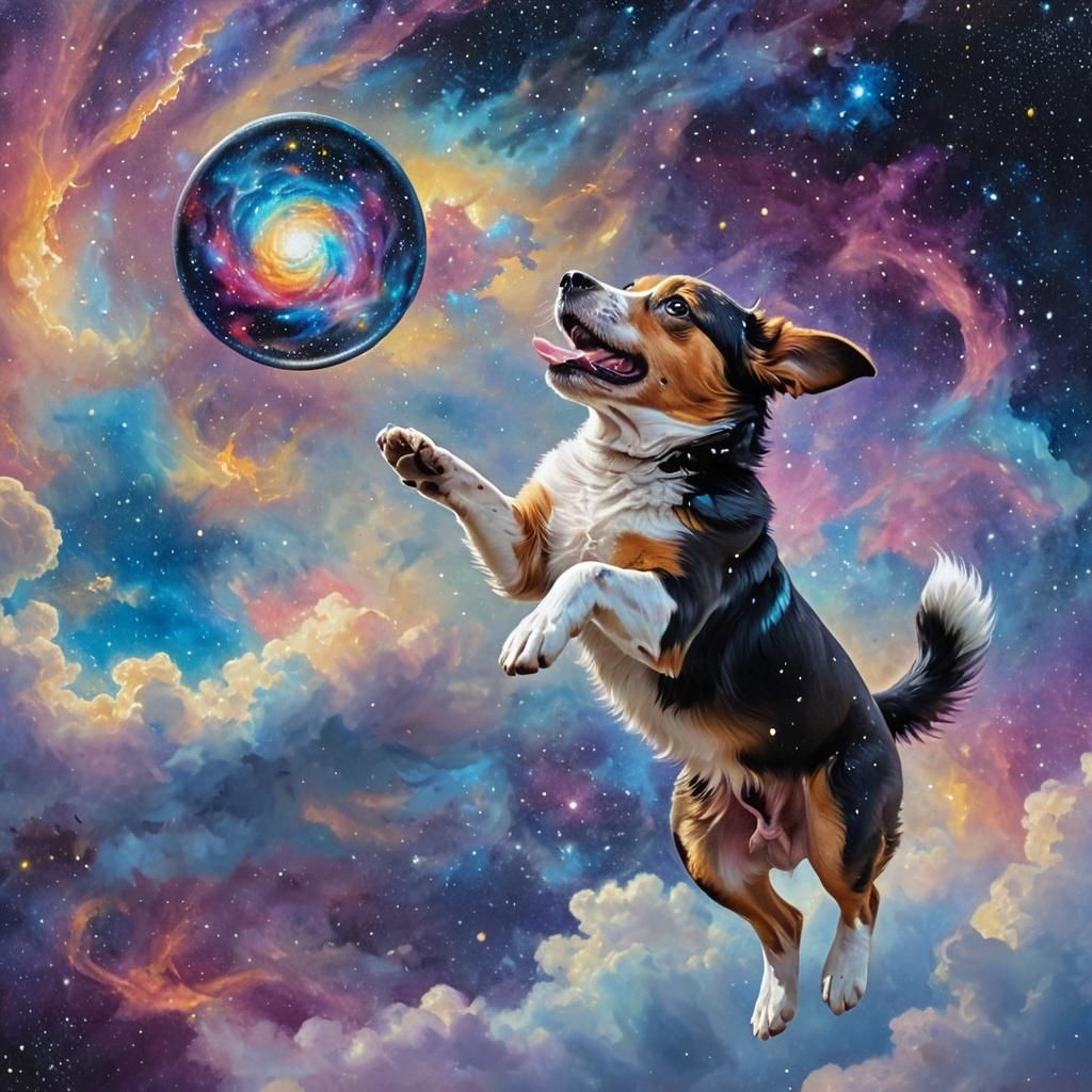 Cosmic Dog Catches Galaxy Frisbee in Surreal Oil Painting
