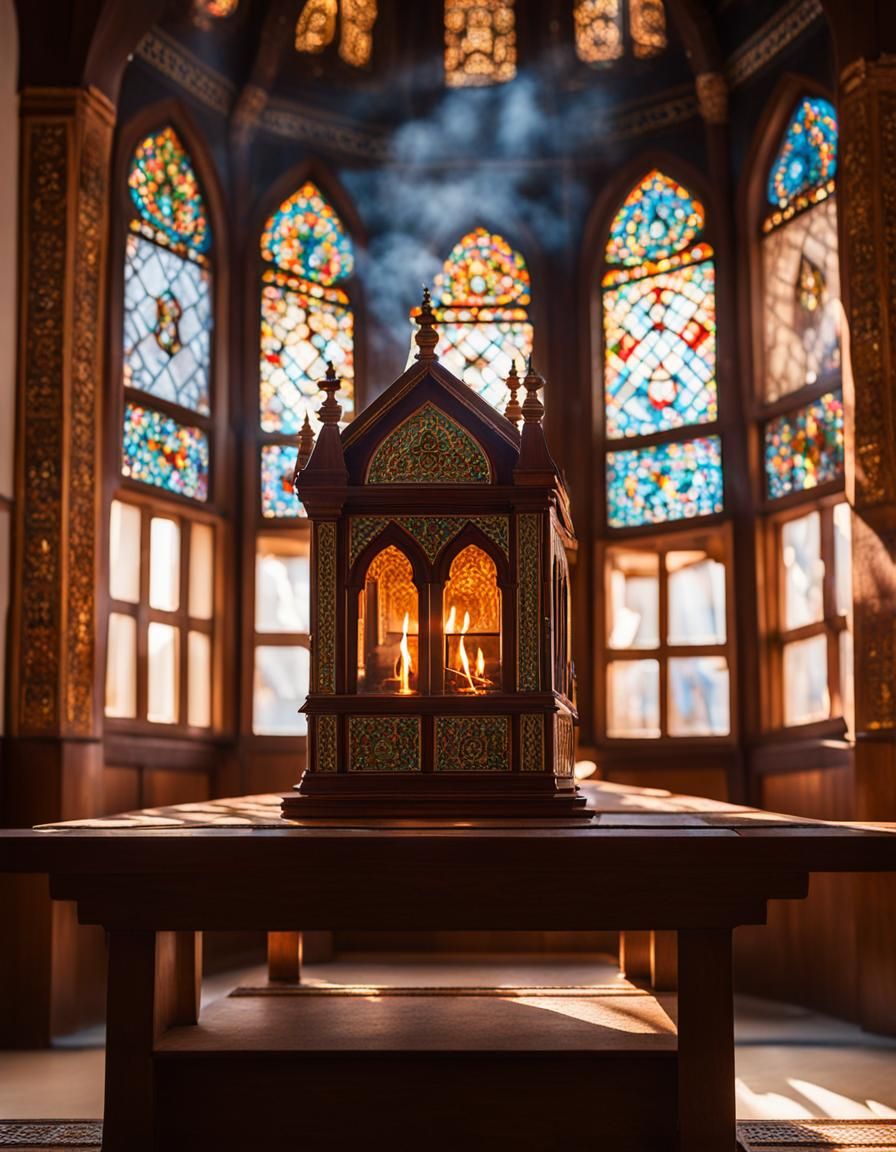 Synagogue Interior with Incense and Stained Glass