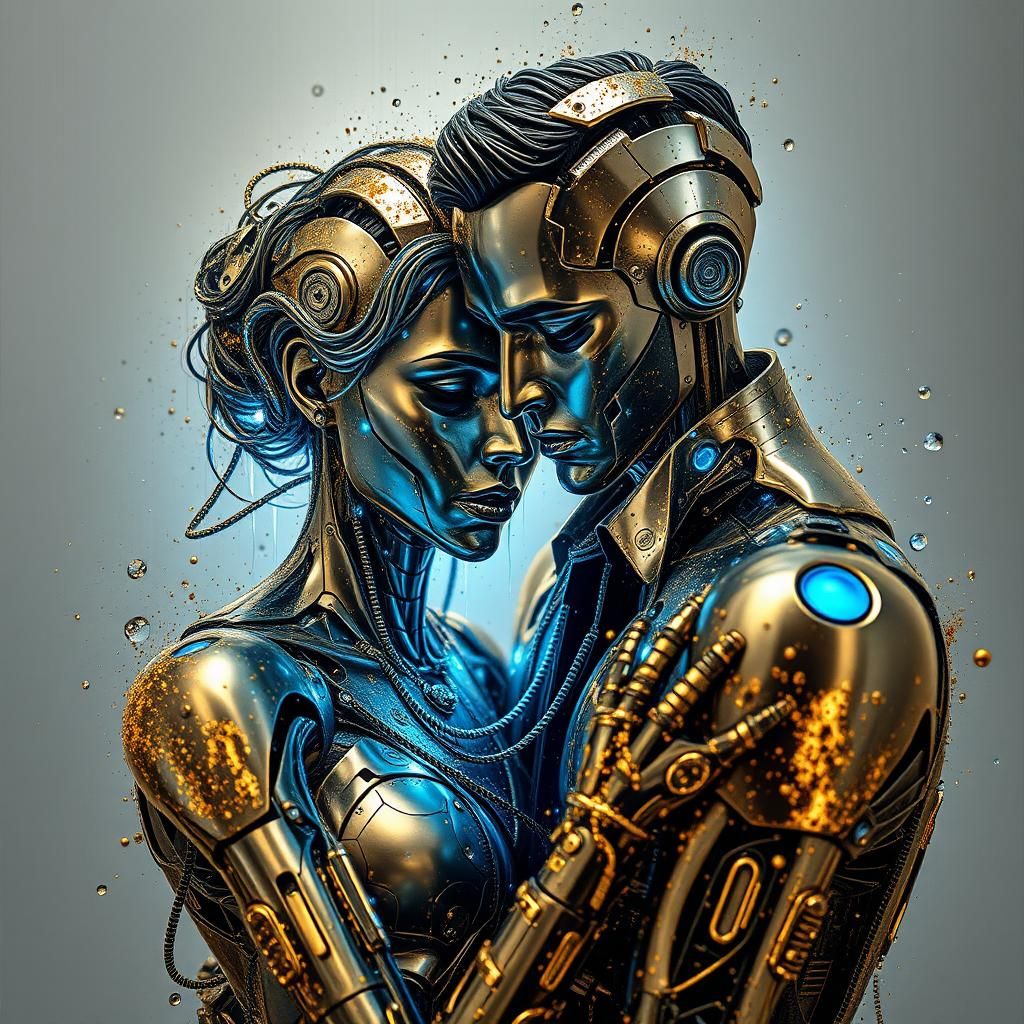 Cyborg Couple's Emotional Embrace in Ink Splatter Art