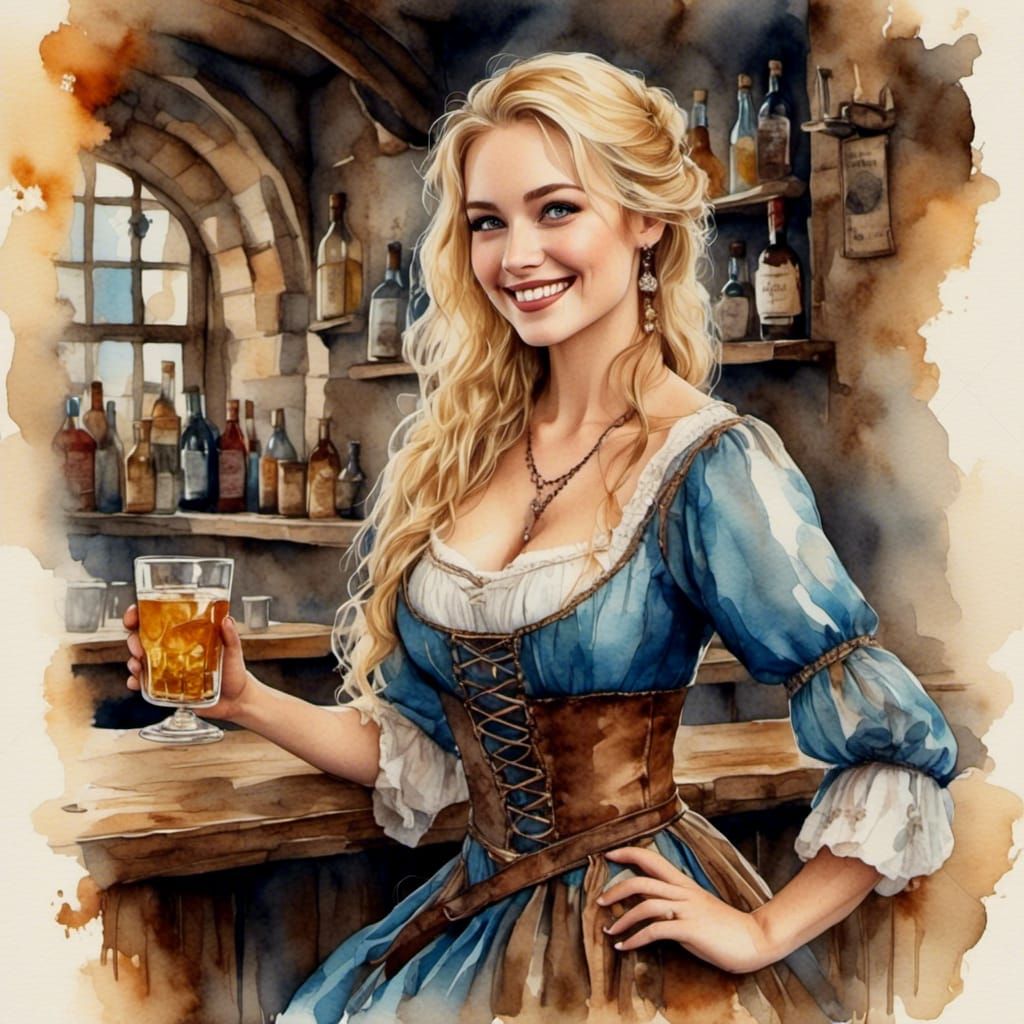 Happy Blond Barmaid in Watercolor Oil Painting