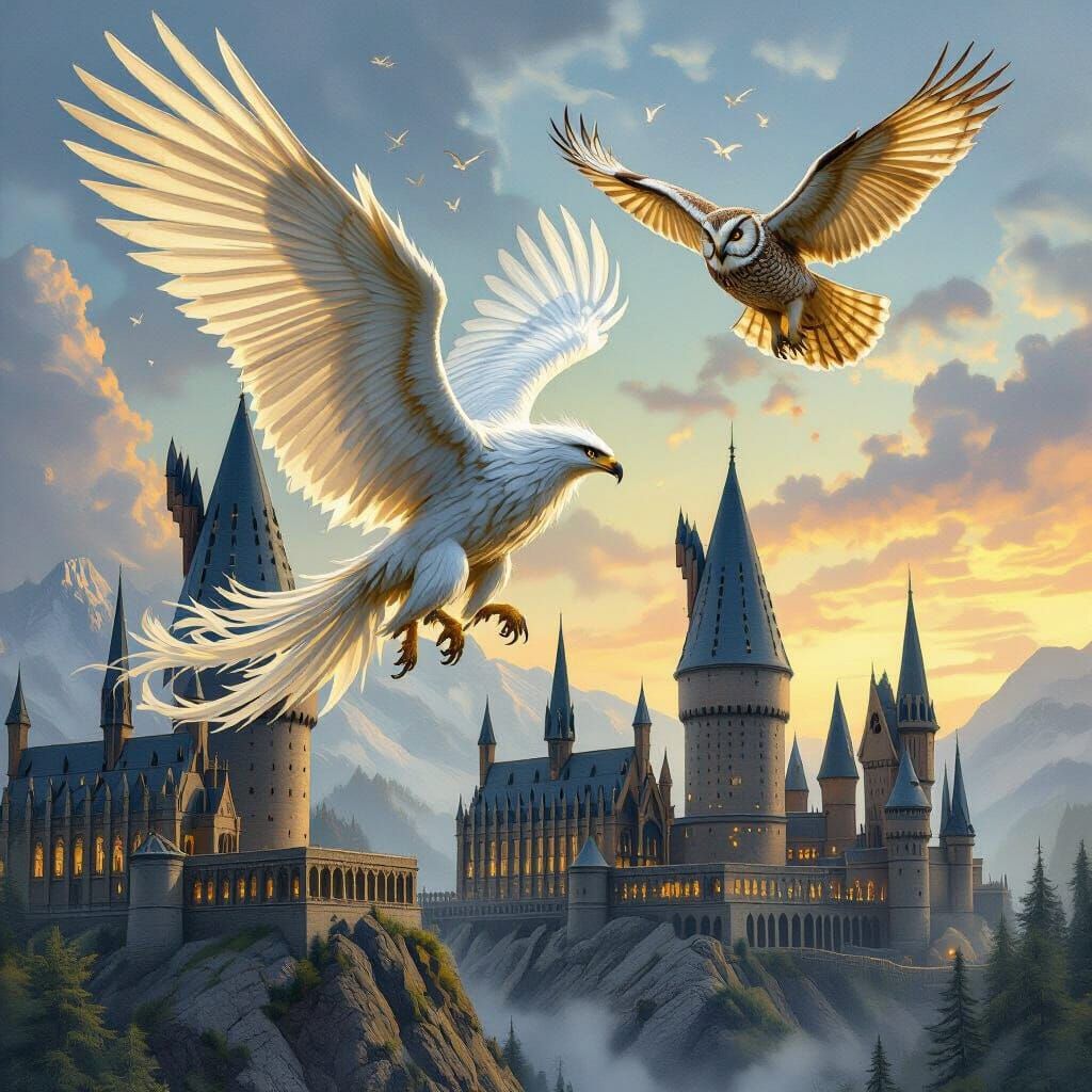 Griffin and Owl Soaring Above Hogwarts Castle