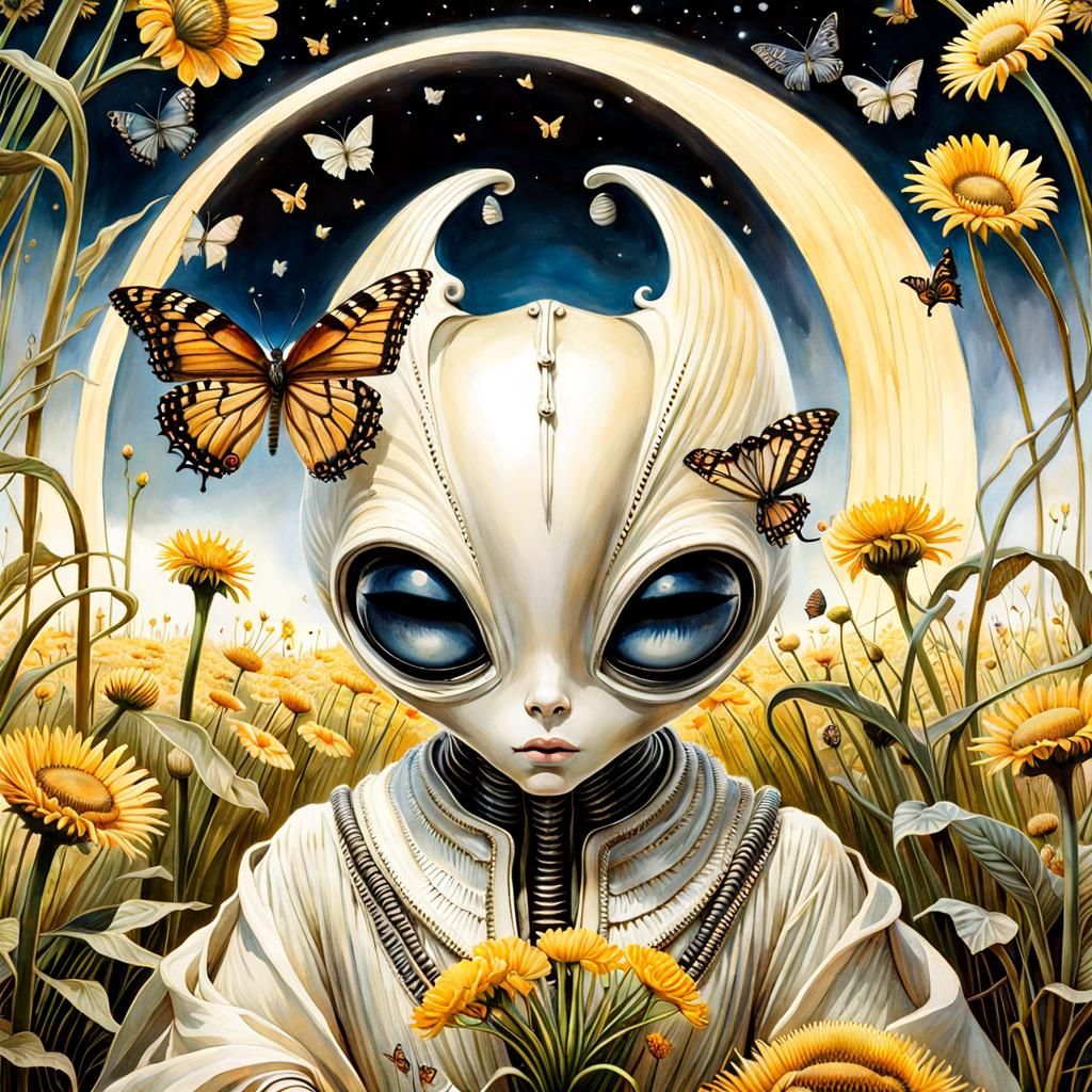 Cute Alien in Flower Field: Watercolor Painting