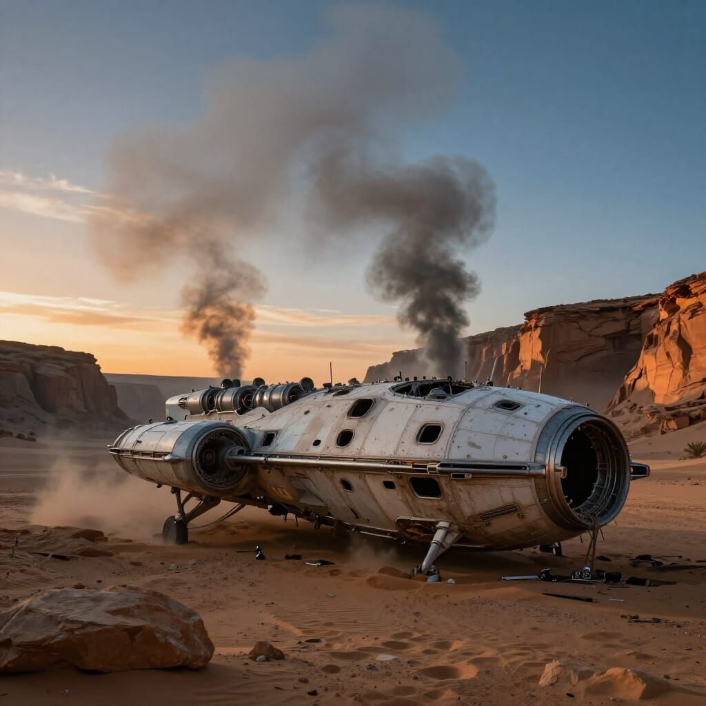 Crashed Spaceship in Desert Canyon Under Binary Sunset