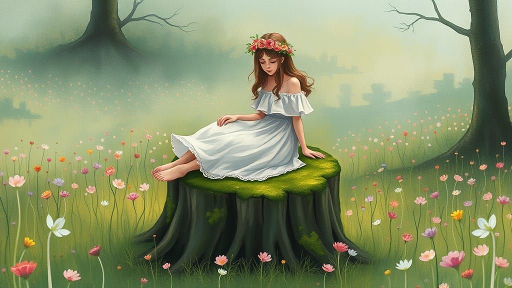 Whimsical Young Woman Surrounded by Wilting Wildflowers in a...