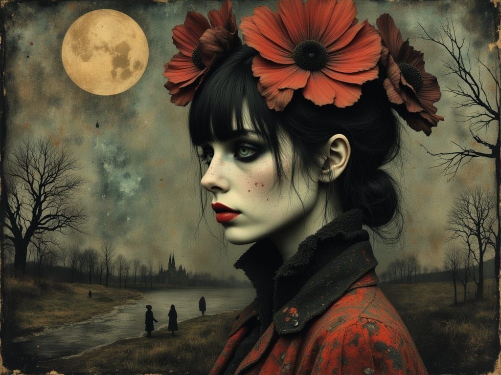 Gothic Woman in Moonlit Circus Noir Fashion