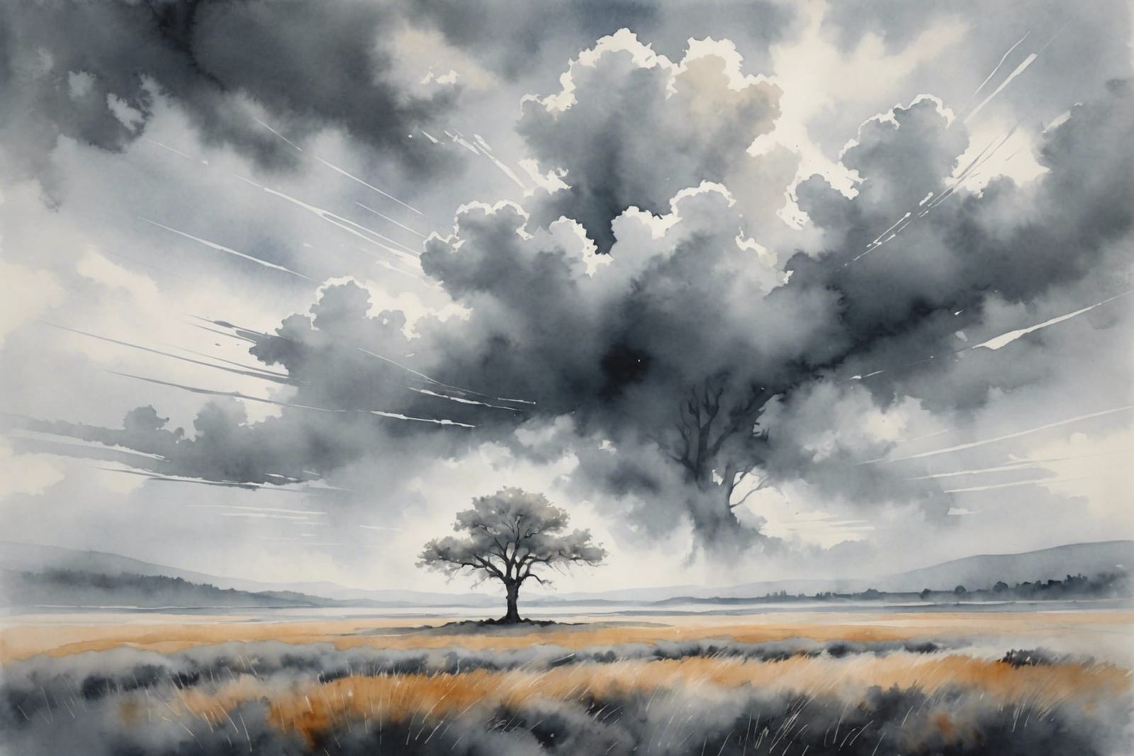 Abstract Grey Landscape with Tree in Watercolor Style