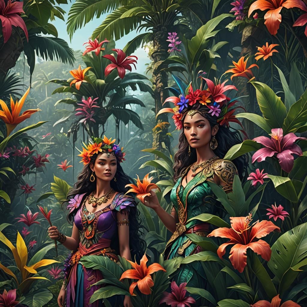 Exotic Woman in Tropical Floral Fantasy Art