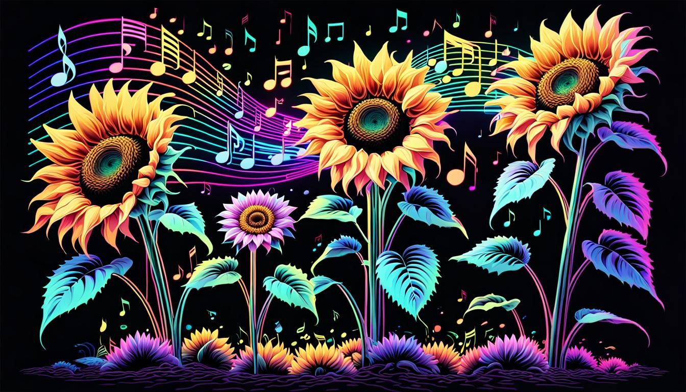 Giant Sunflowers Swaying to Music in Vaporwave Pixel Art