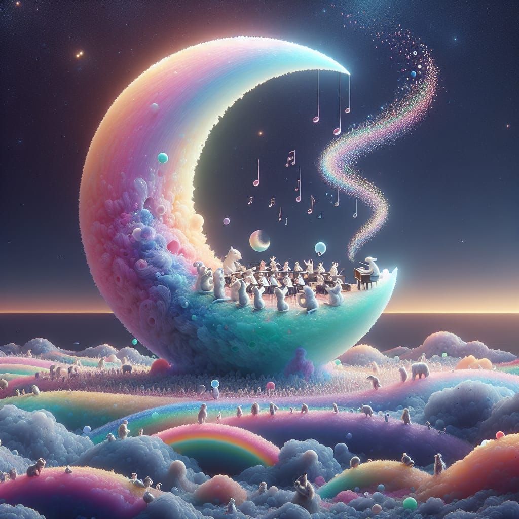 Dreamy Rainbow Moon Animal Orchestra in Space
