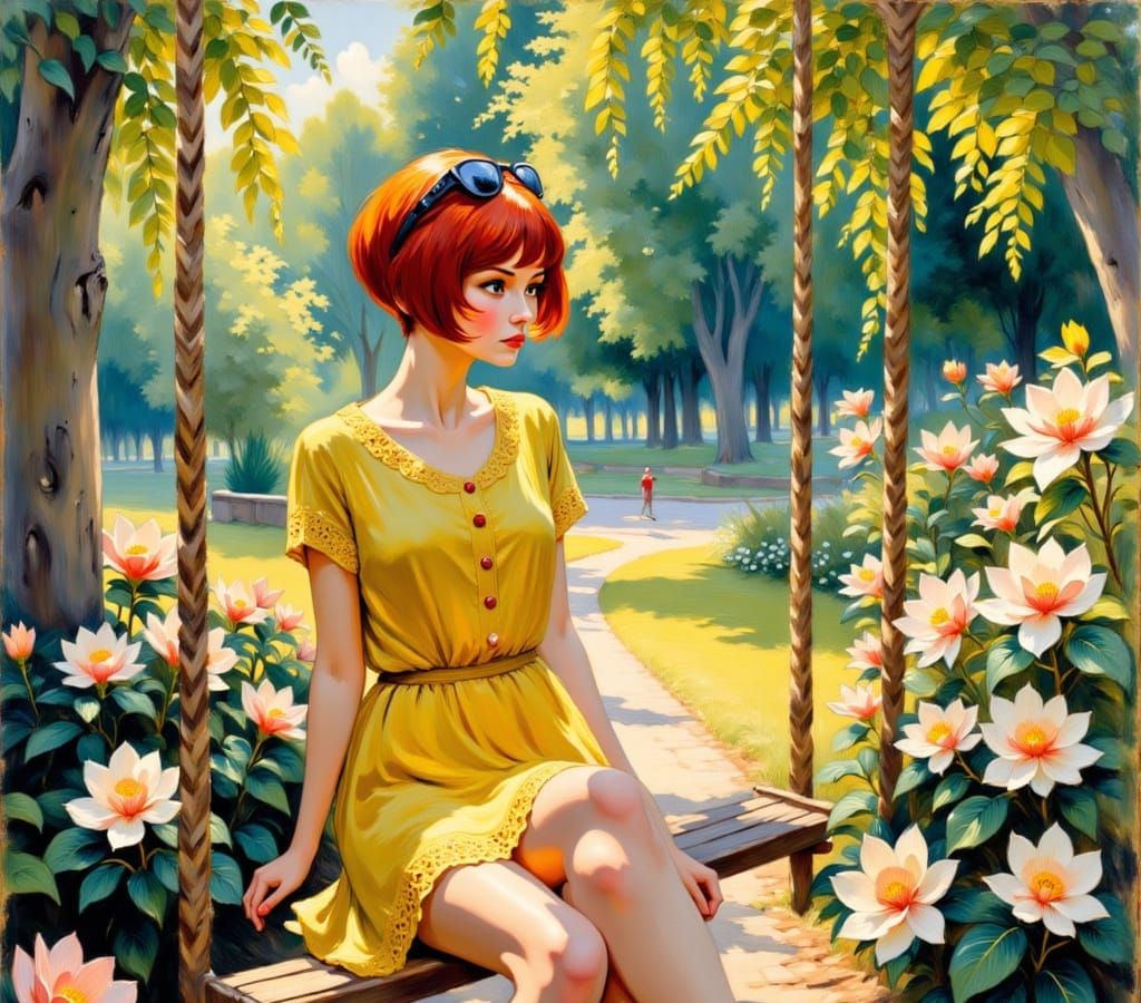 Realistic Oil Painting of Woman on Park Swing