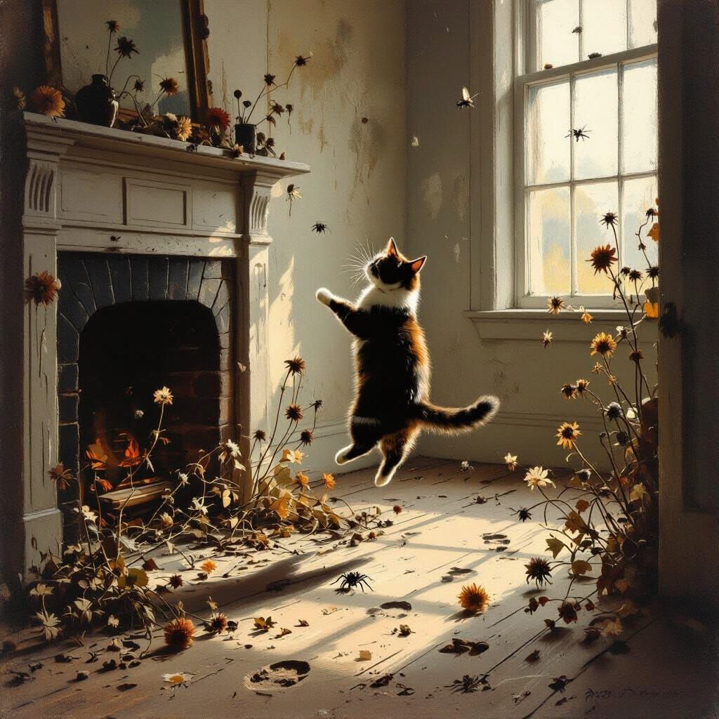 Curious Cat Leaps in Abandoned Hall in American Painting Sty...