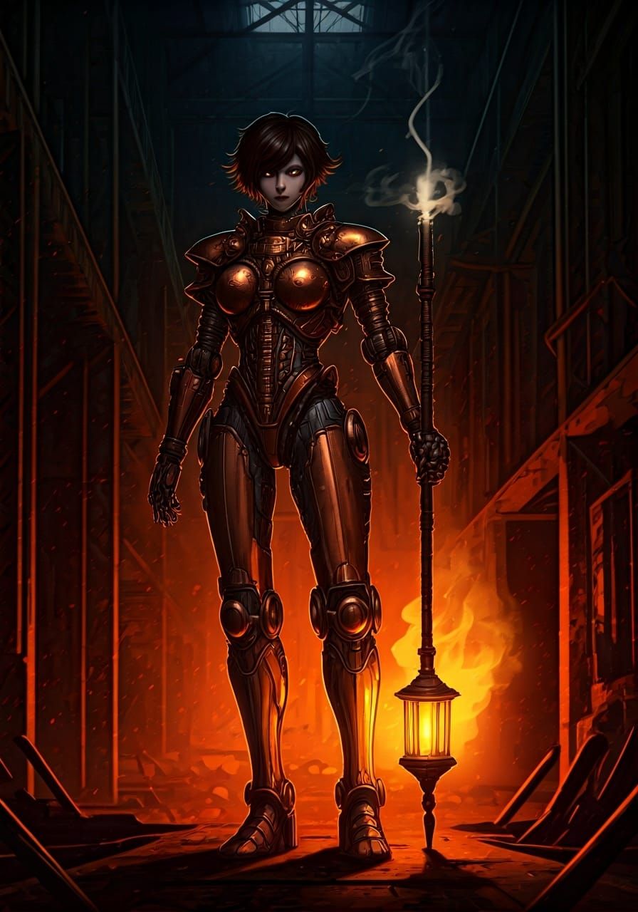 High-Tech Cyborg in Steampunk Armor, Anime Style