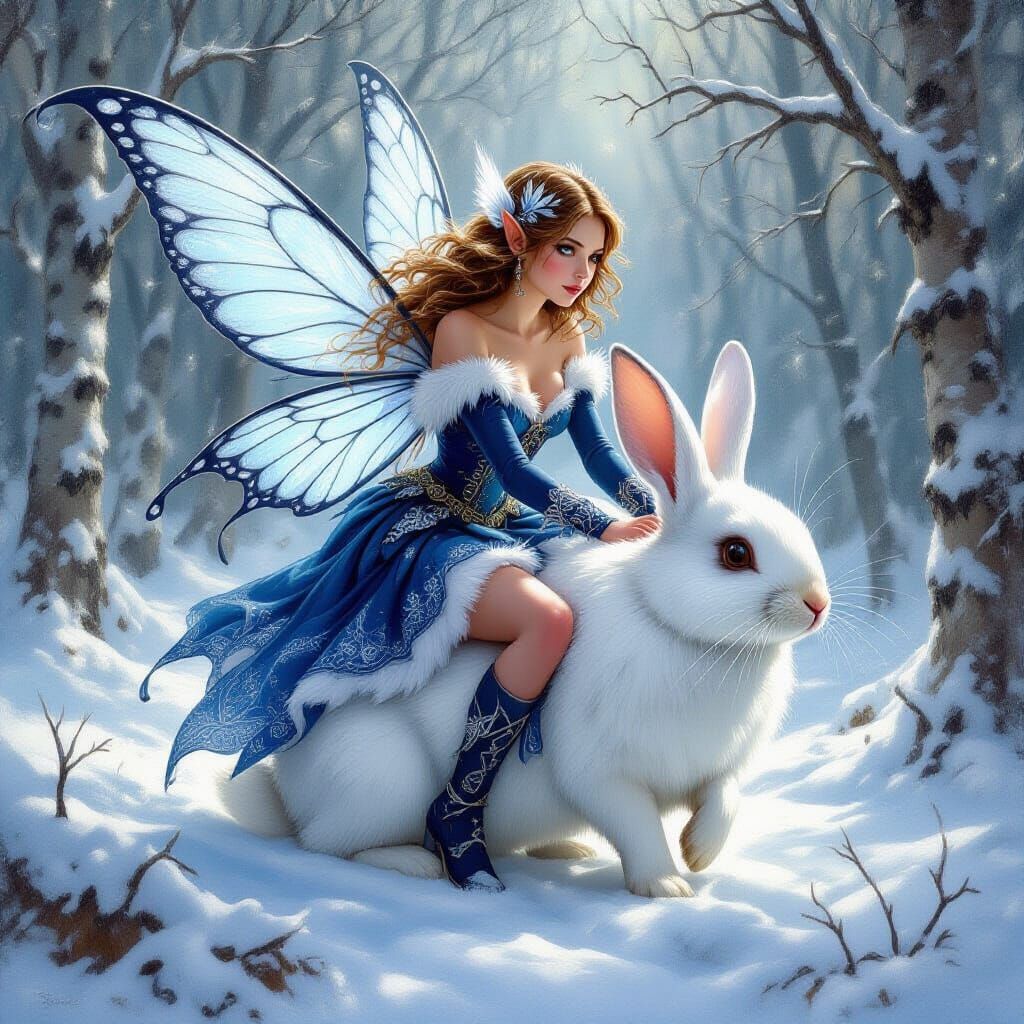 Fantasy Fairy Rides Rabbit Through Snowy Forest Oil Painting