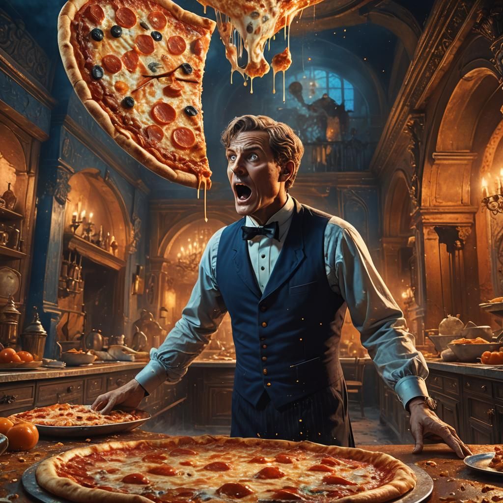 Gigantic Pizza Shocking Butler in Ornate Kitchen