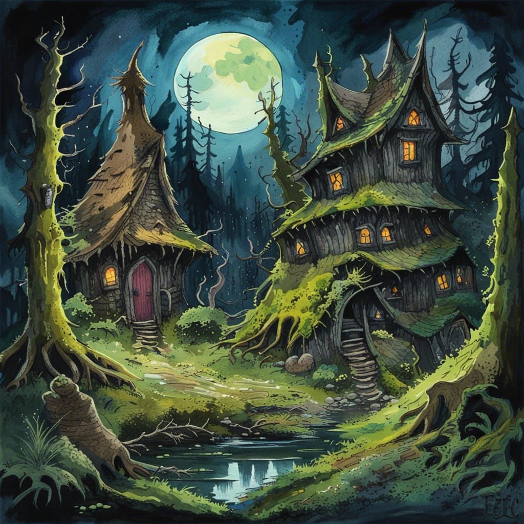Gothic Horror Village in Mossy Forest, Gouache Style