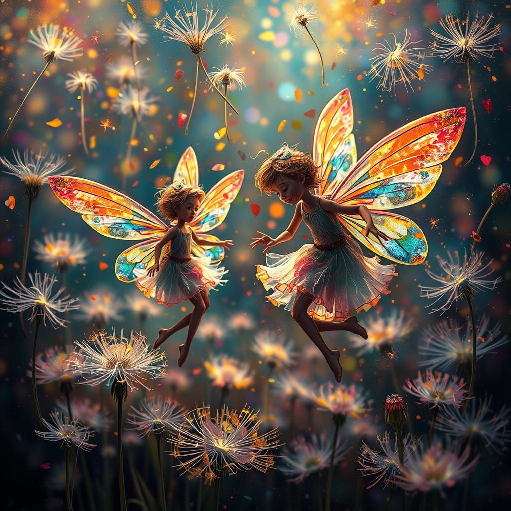 Pixies Dance in a Vibrant Dandelion Carnival with Iridescent...