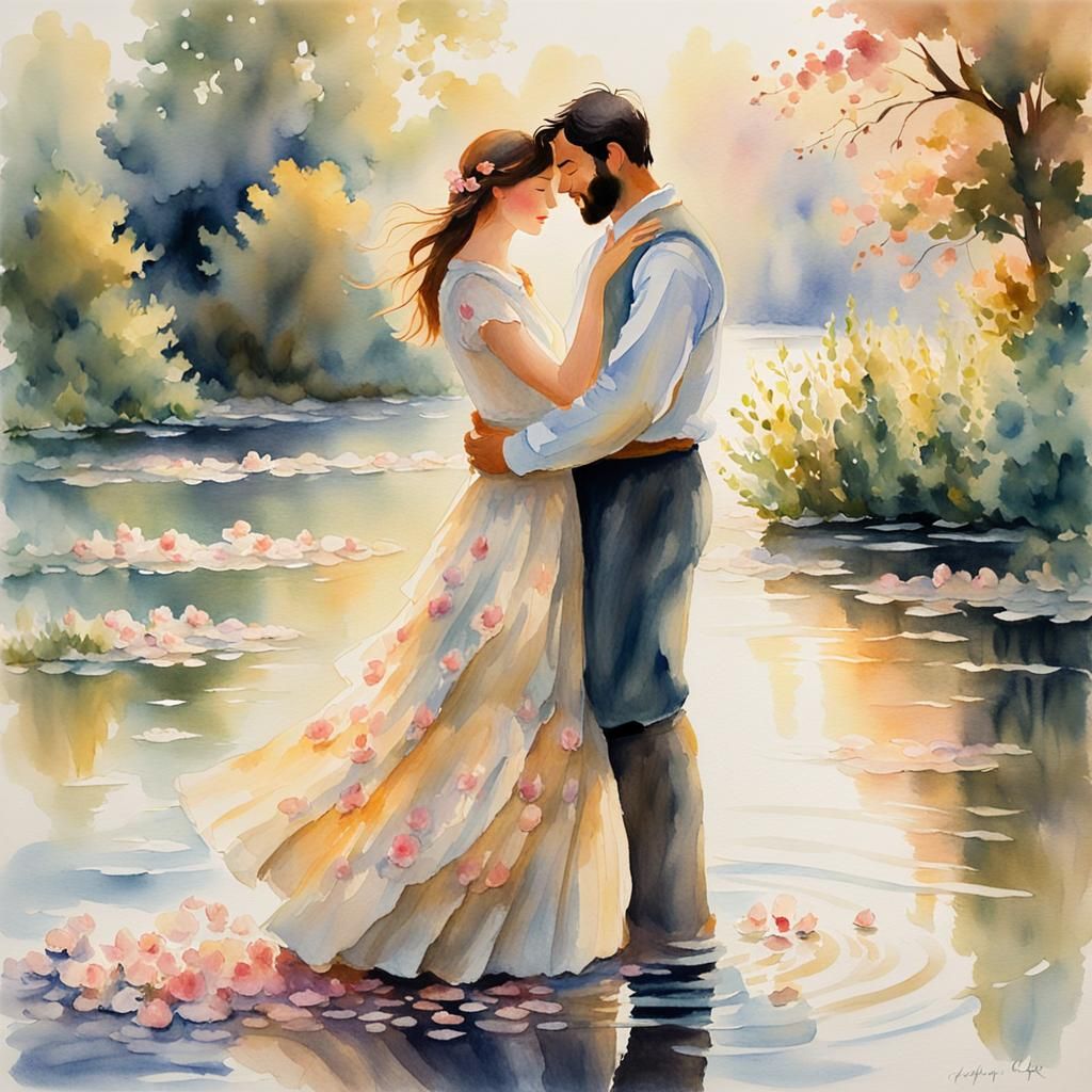 Impressionist Watercolor: Couple Embracing in Sunlight