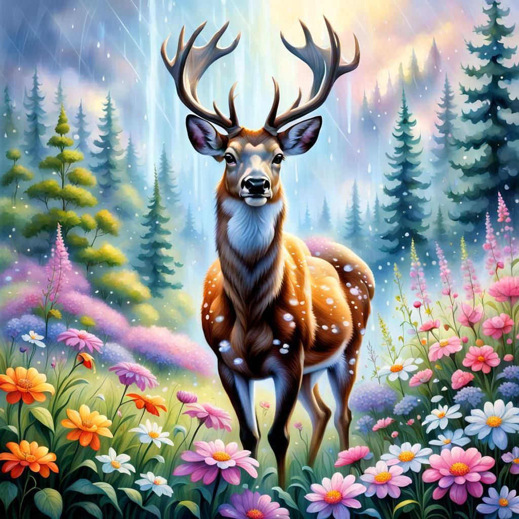 Deer in Rainy Flower Meadow: Hyperrealistic Fantasy
