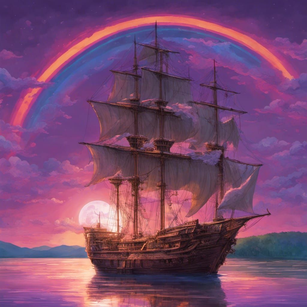 Flaming Ship Sails Toward Rainbow Portal