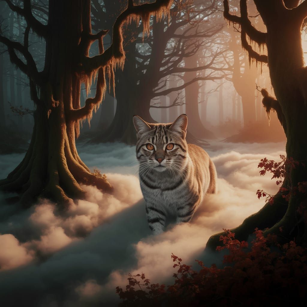 Wild Cat Emerges from Foggy Forest in Autumn Light