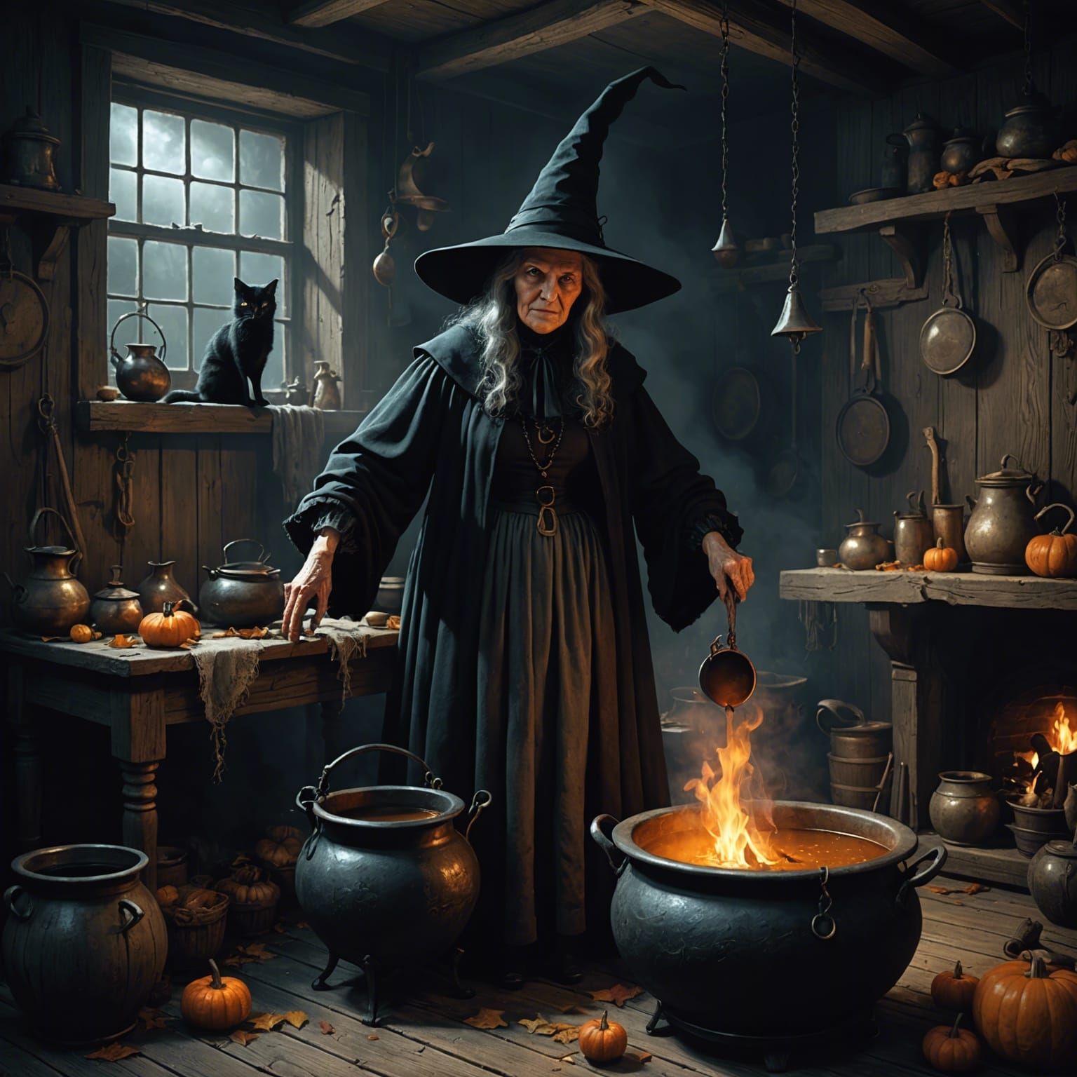 Dark Witch's Room with Cat and Boiling Pot
