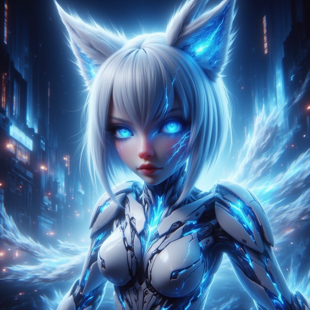 Android Fox-Girl with Glowing Eyes in Futuristic Style