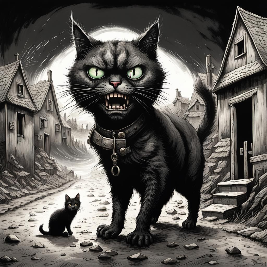Horrorpunk Cat Attacks Village in Noir Landscape