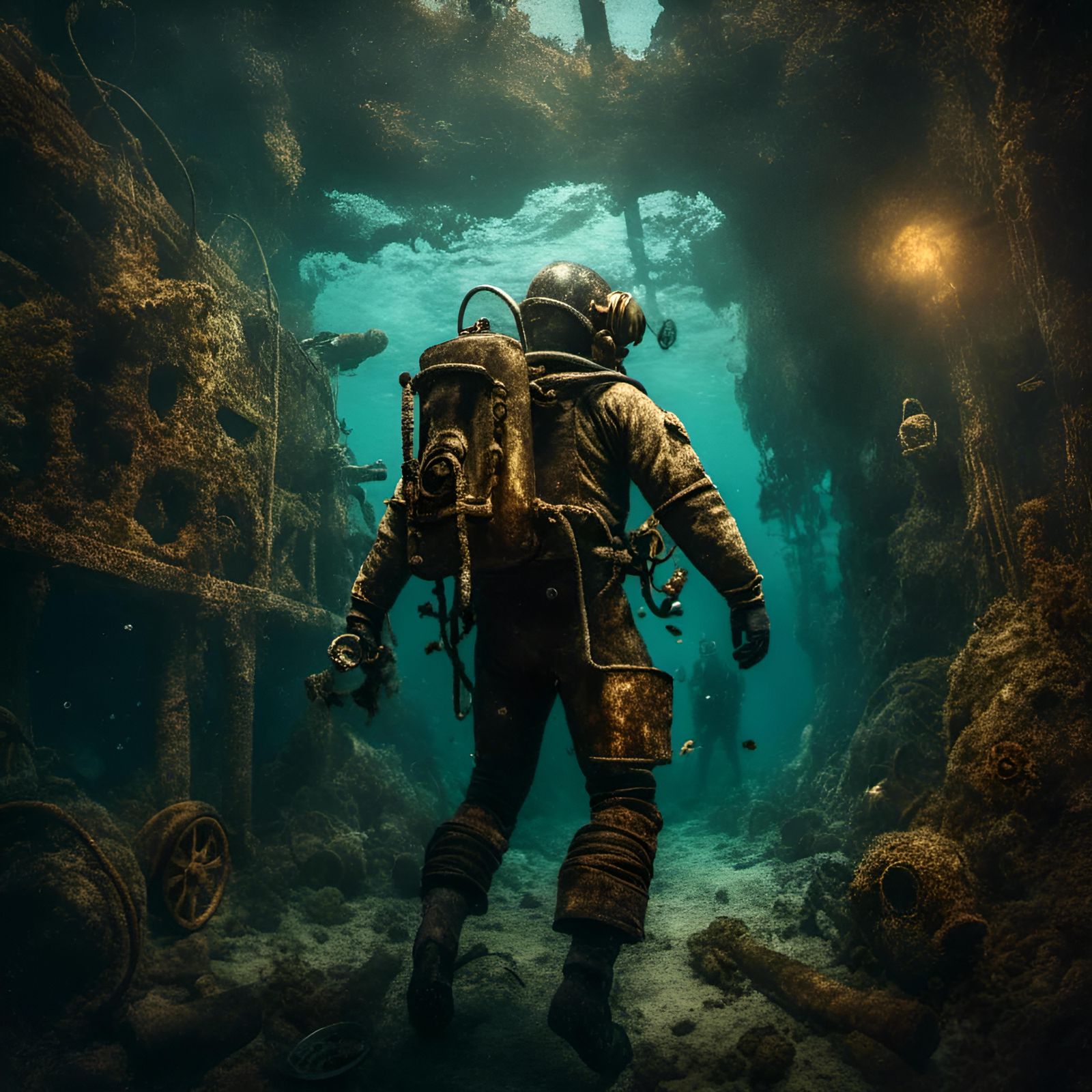 Steampunk Scuba Diver Explores Shipwreck as Detailed Paintin...