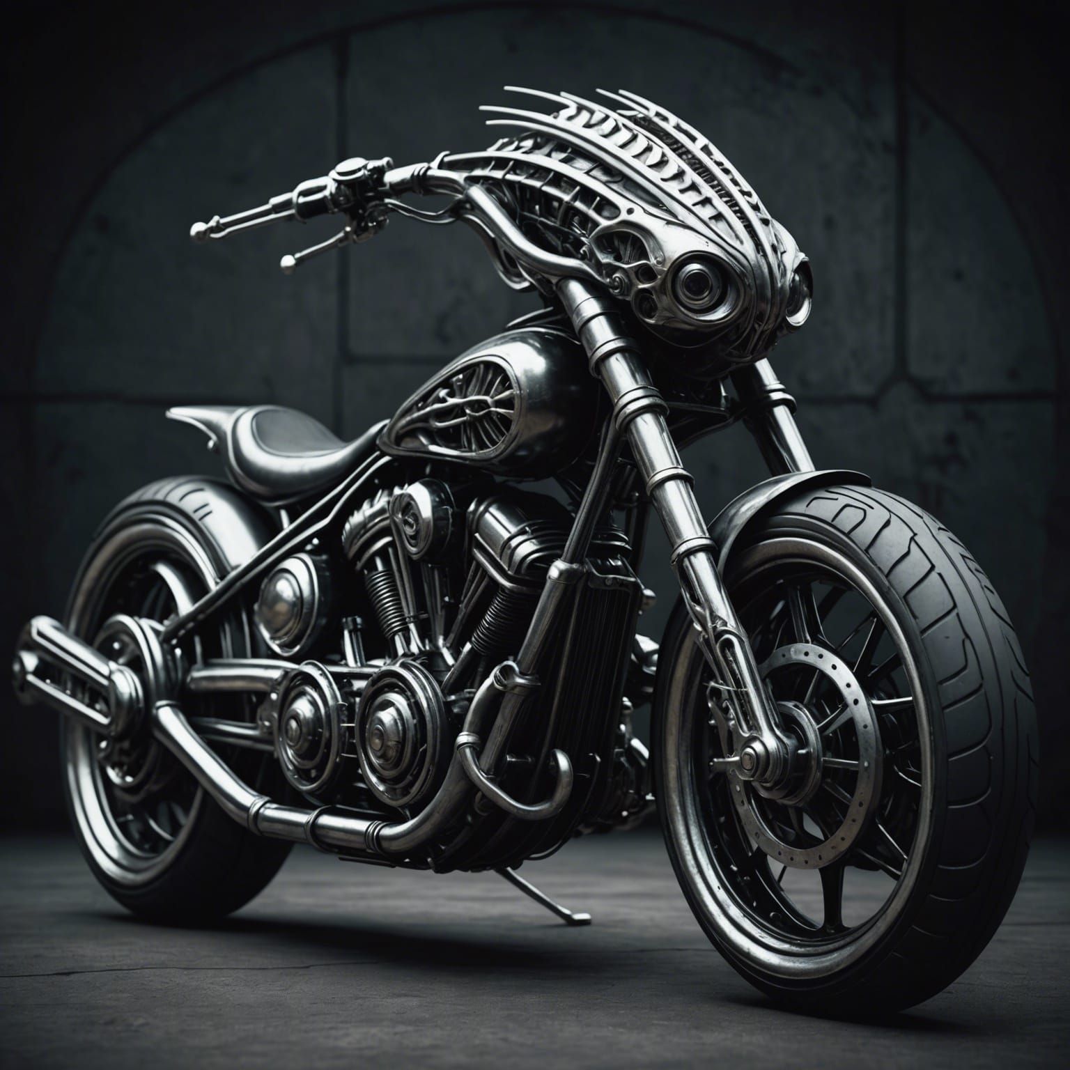 A bike inspired by hg giger, in the style of H.R. Giger