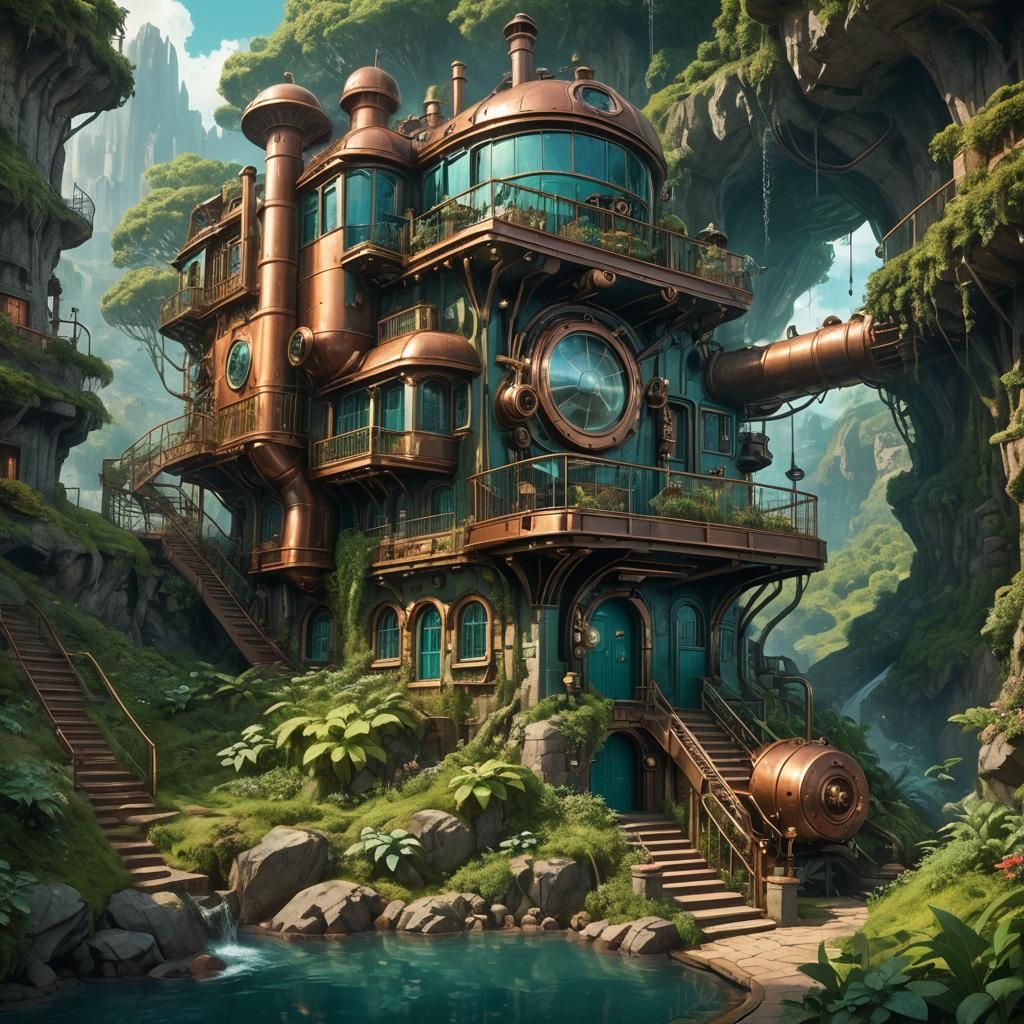 Steampunk House with Submarine in Graphic Style
