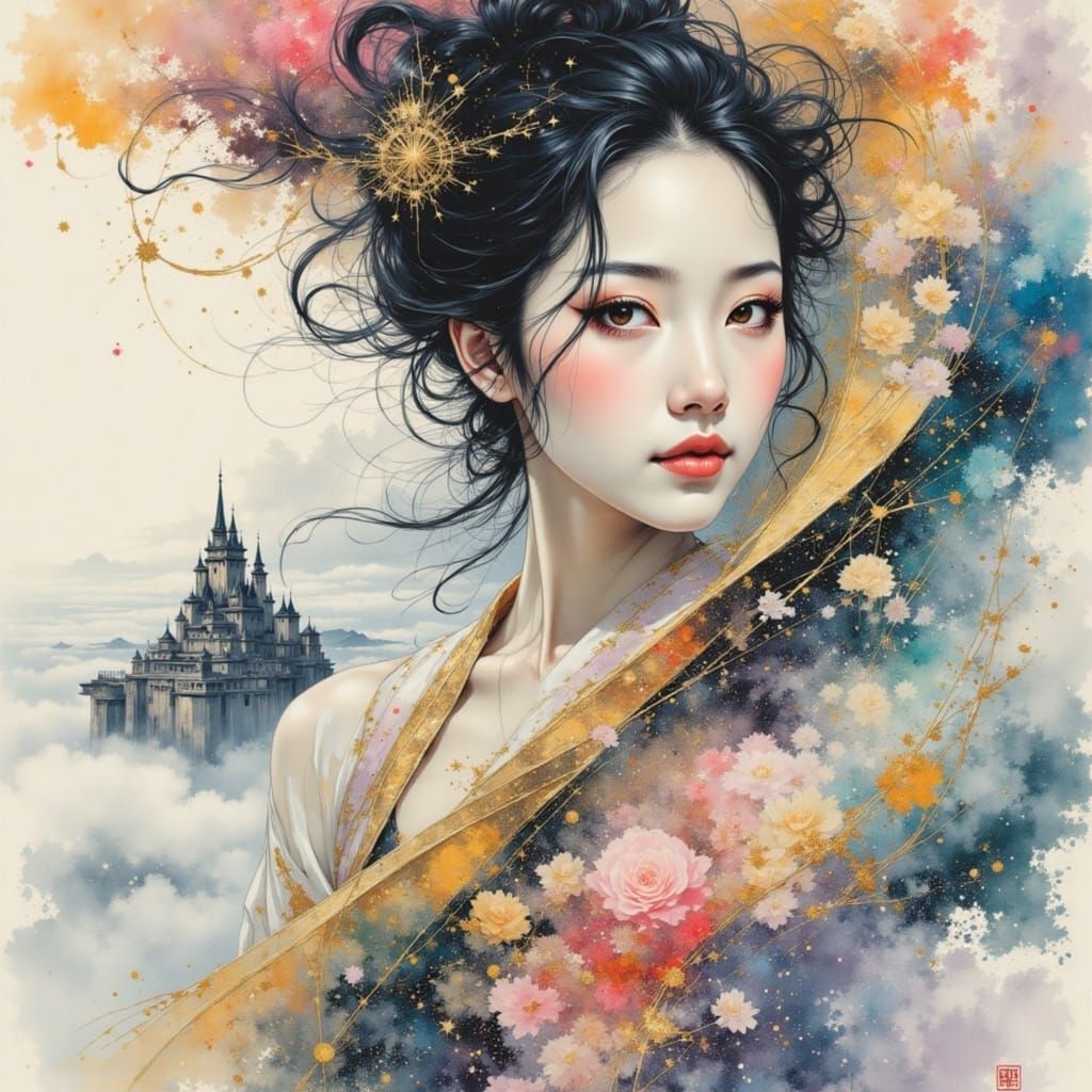 Ethereal Asian Goddess in Spectral Castle, Colored Pencil Ar...