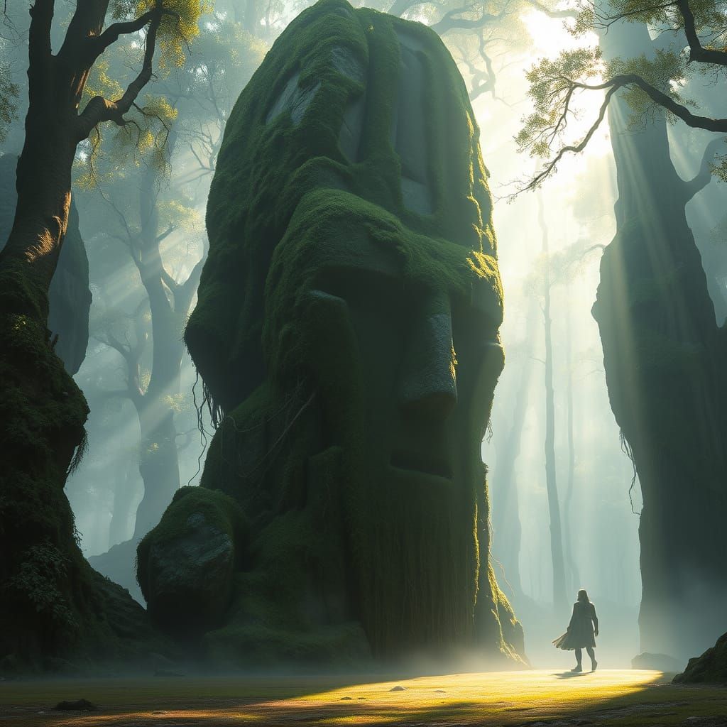 Mossy Stone Faces in Misty Forest Clearing