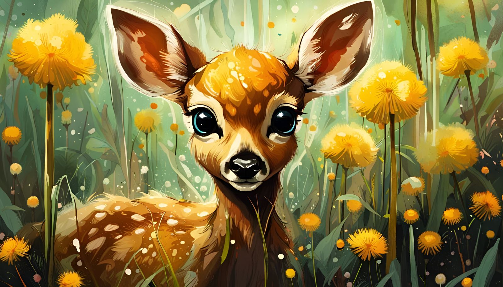 Adorable Fawn in Dandelions, Hyperrealistic Splash Art