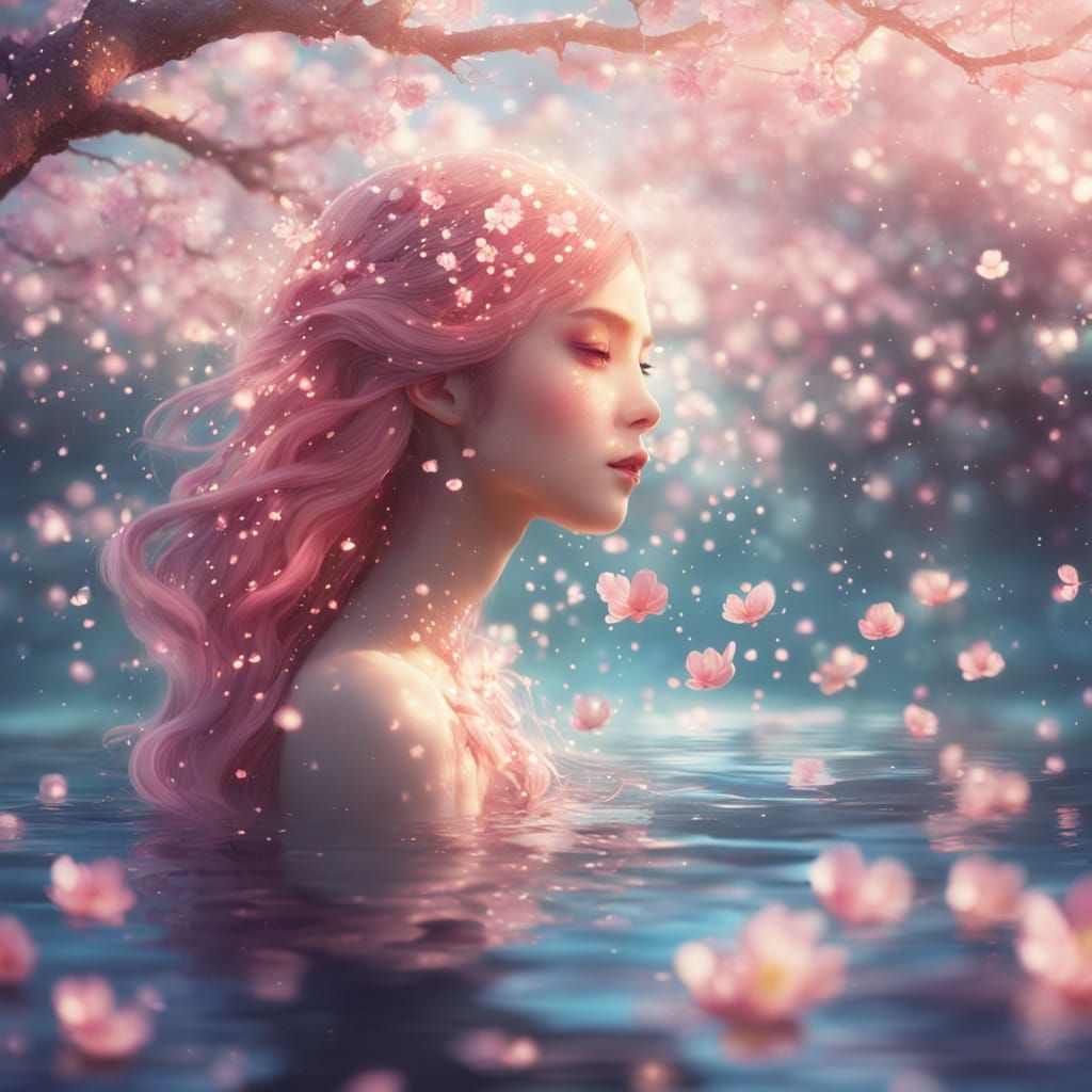 Enchanting Mermaid Amidst Cherry Blossoms in Golden Light