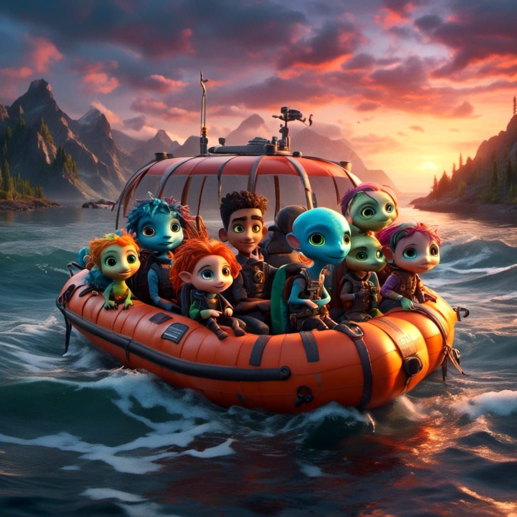 Cute Aliens in Lifeboat at Sunset in 3D